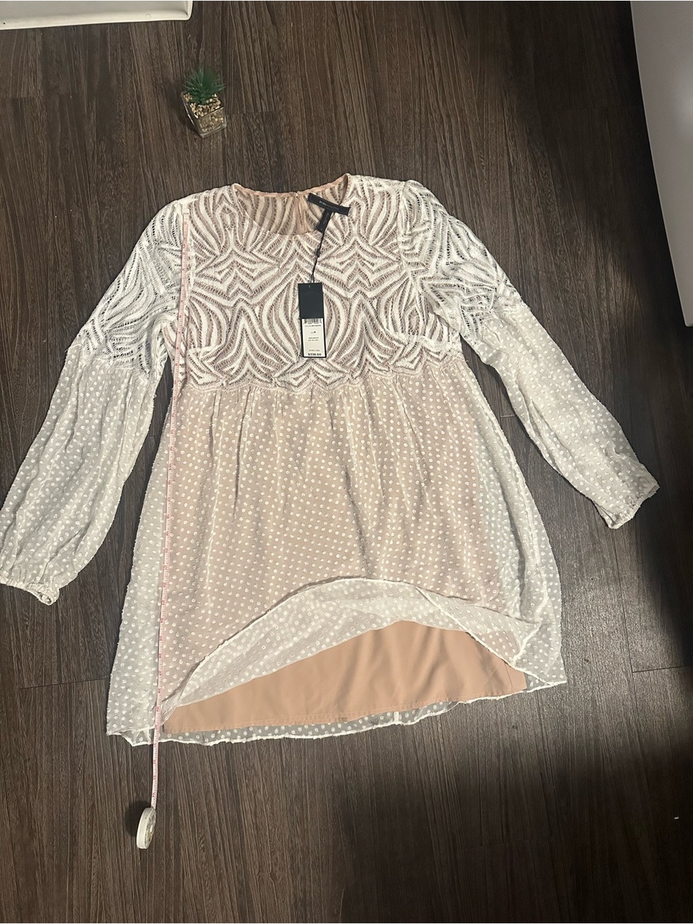 BCBGMaxAzria White Sheer Swiss Dot Tunic with Nude Lining